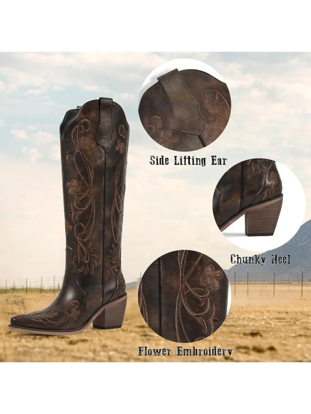 Women's Vintage Brown Knee High Cowgirl Boots Embroidered Pointed Toe ChunkyHeel